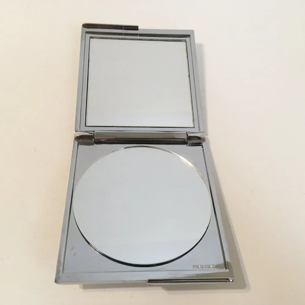 Compact Makeup Mirror Gold Inlay Silver Tone Metal Case Double Sided Folding